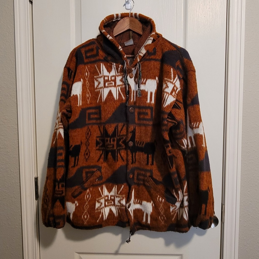 Handknit Inka Maki 100% Virgin Wool Hooded Jacket Brown Black White